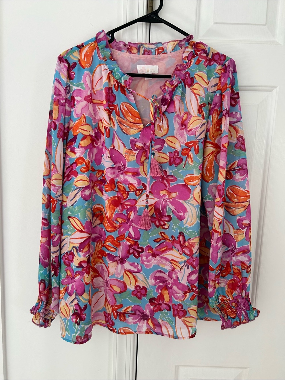 Belle by Kim Gravel Floral Tie-Neck Blouse in Pink, Blue & Orange